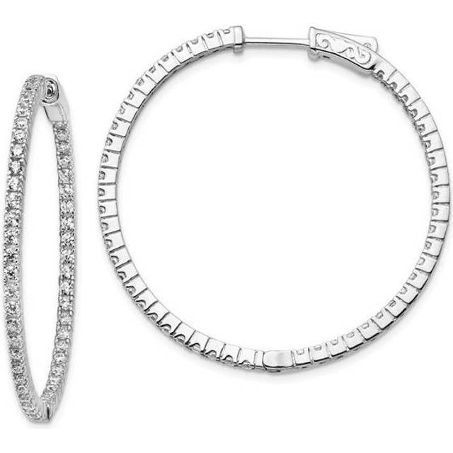 Sterling Shimmer QE8025 Sterling Silver Rhodium-Plated CZ 100 Stones In & Out Hinged Hoop Polished Earrings