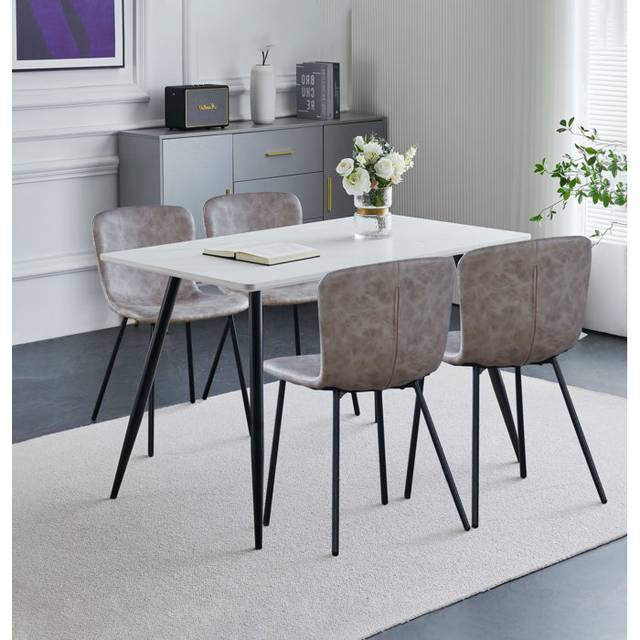 Hallowood Furniture - Cullompton Small Dining Table and Chairs Set of 4, White Marble Effect Kitchen Table (120x70cm) & Grey Leather Effect Dining