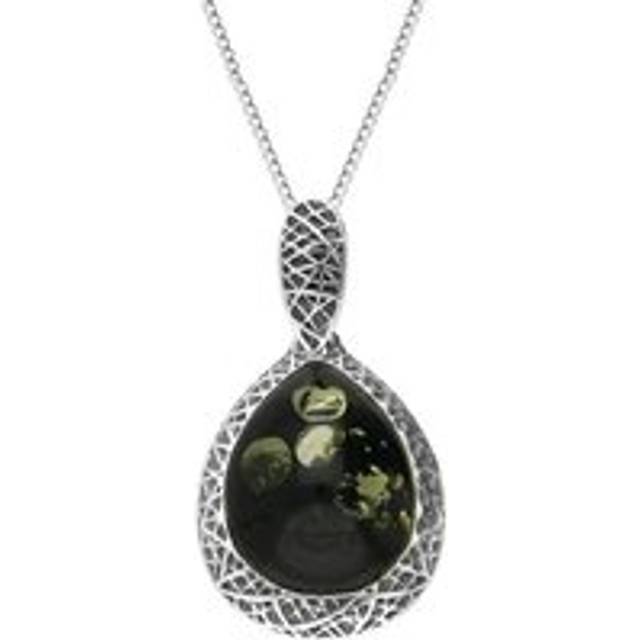 Sterling Silver Green Amber Basket Weave Edge Pear Necklace - Silver