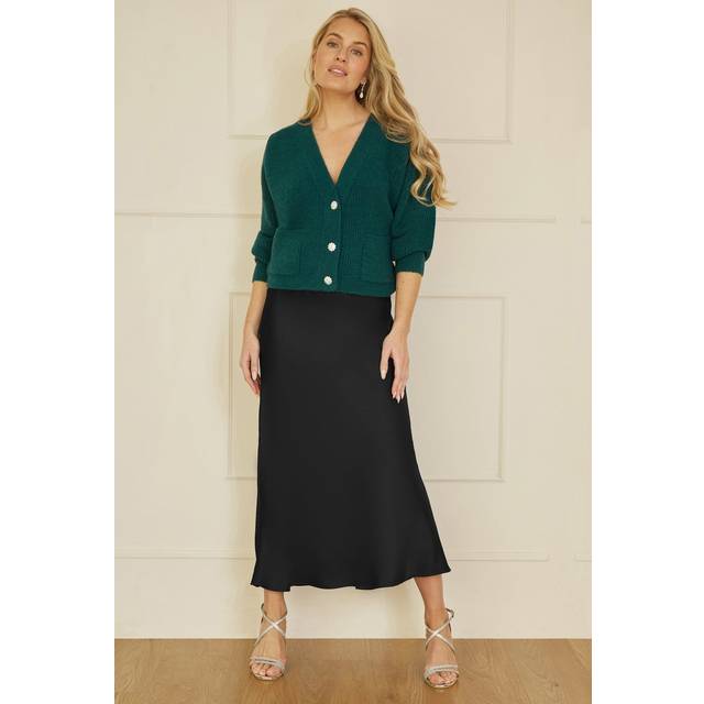 Yumi Black Satin Midi Skirt - 14