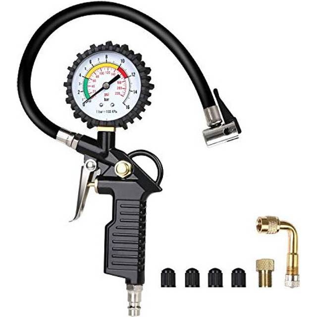 URAQT Tyre Pressure Gauge, 220 PSI Tyre Inflator with Pressure Gauge Air Compressor, Valve Air Chuck and 90 Degree Valve Extender for Heavy