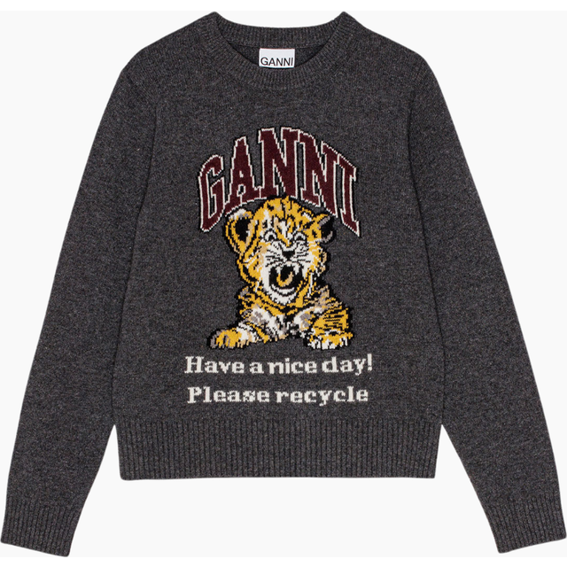 GANNI Gray Graphic Tiger Sweater - 084 Gray Quill - XXS