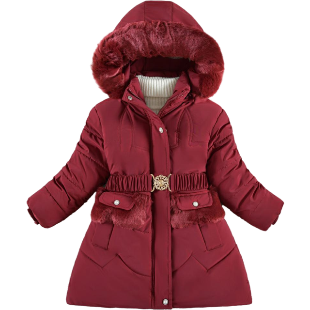 (Burgundy, 7-8Years) Kids Girls Winter Fur Hooded Coats Warm Outwear KK