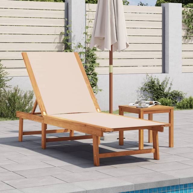 vidaXL Sun Lounger with Table Cream Solid Wood Acacia and Textilene - Brown