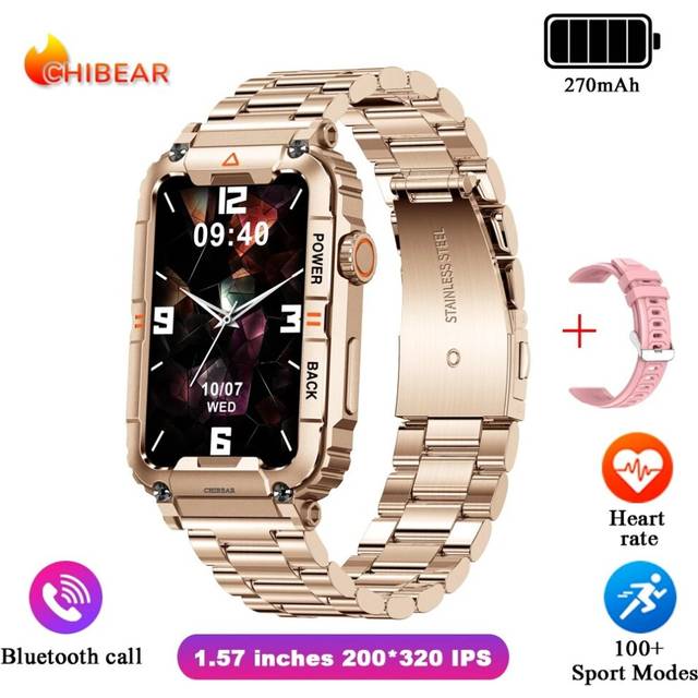 (Rose gold steel) Men Smart Watch For Android IOS Fitness Watches Ip68 Waterproof Military