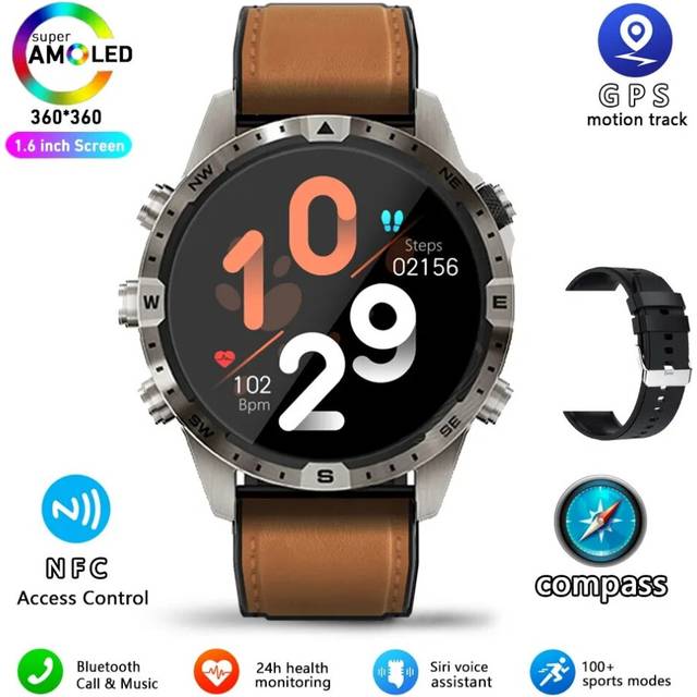 (Leather brown) 2023 New GPS Smart Watch Men Android IOS 360 * 360 HD Full Touch Screen