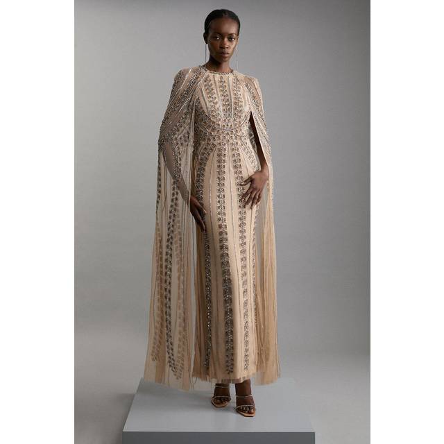 Premium Embellished Cape Maxi Dress - Nude