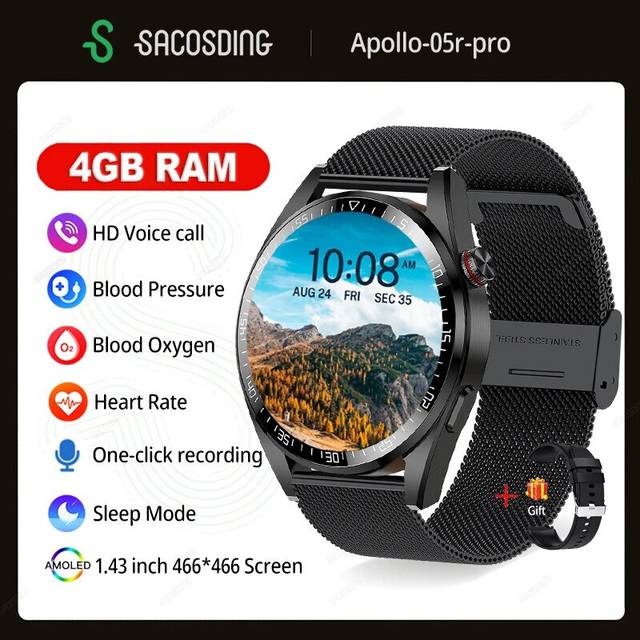 (Black mesh) Watches 4G RAM 466*466 Screen SmartWatch Men Always Display The Time Bluetooth