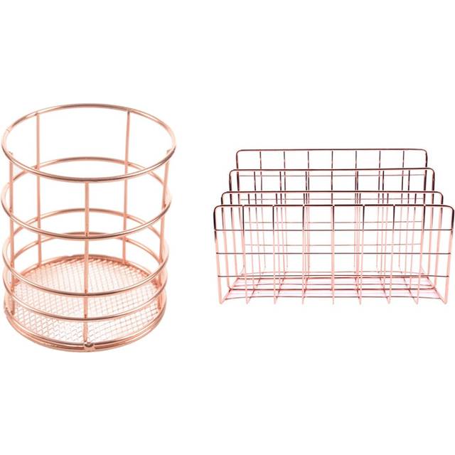 Rose Gold Wire Net Pencil Holder Round Iron Mesh Pen Cup Stationery Organizer Desk Sorter For Office Home School