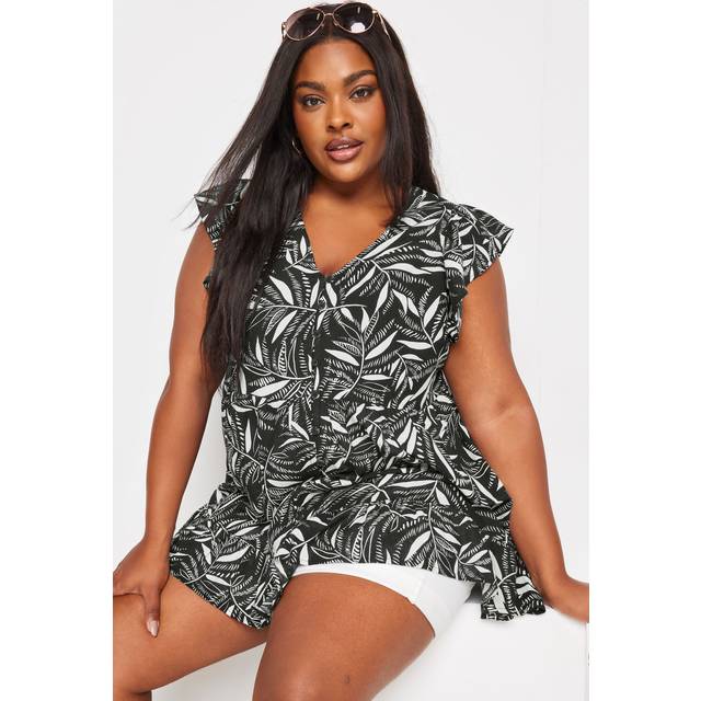 Yours Curve Black Leaf Print Frill Linen Blouse, Women's Curve & Plus Size, Yours - 26-28