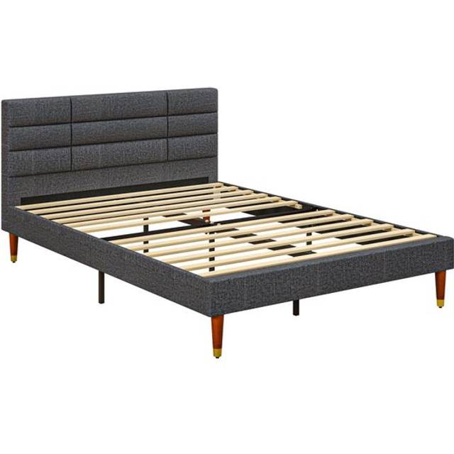 HOMCOM 4ft Upholstered Double Bed Frame w/ Wooden Slat No Box Spring Needed | TJ Hughes