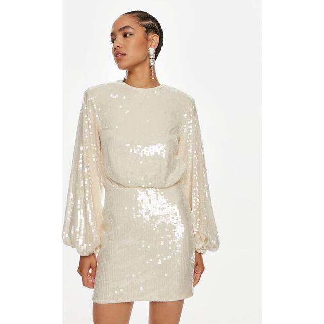 Embellished Long Sleeve Mini Dress - White (32 - 34)