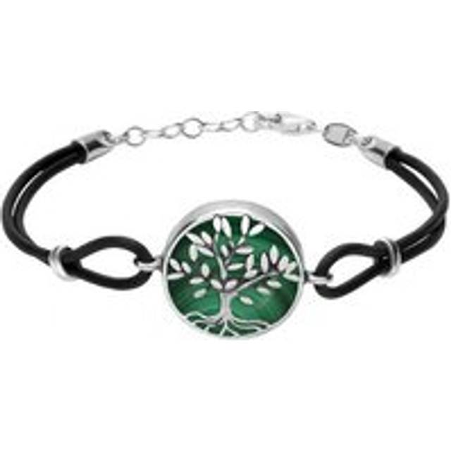 Sterling Silver Malachite Cord Round Large Leaves Tree Of Life Bracelet
