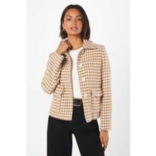 Womens Dogtooth Wool Short Coat - Camel - 8