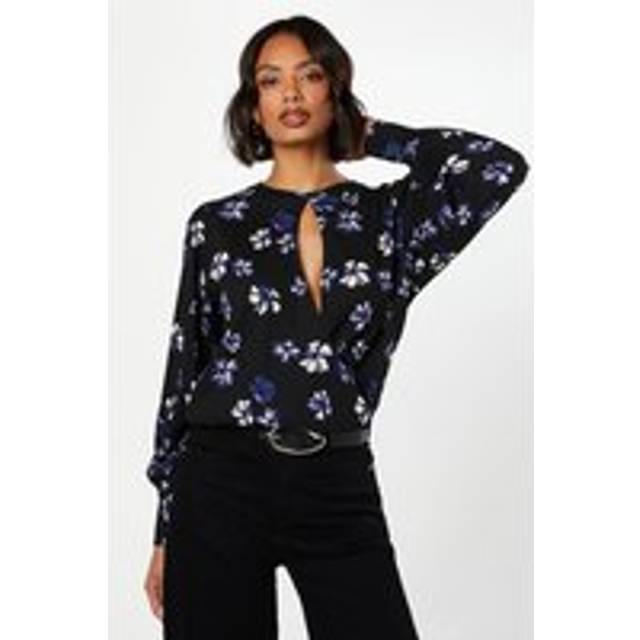 Womens Purple Floral Keyhole Long Sleeve Wrap Top