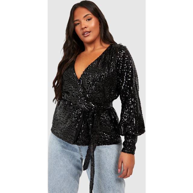 Womens Plus Sequin Wrap Blouse - Black - 28, Black