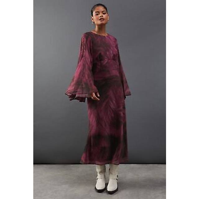 Womens Printed Chiffon Slash Neck Cross Back Godet Sleeve Midi Dress - Black - 8