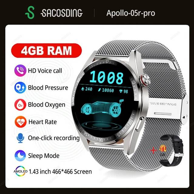 (Silvery mesh) Watches 4G RAM 466*466 Screen SmartWatch Men Always Display The Time Bluetooth