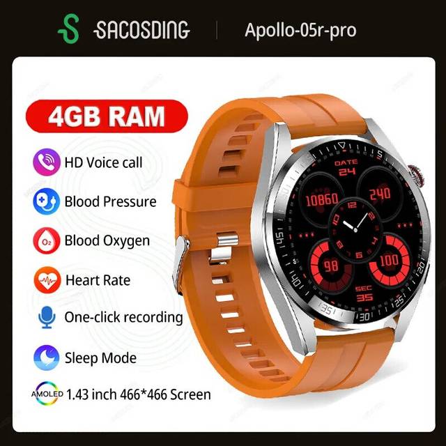 (Silvery silicone) Watches 4G RAM 466*466 Screen SmartWatch Men Always Display The Time Bluetooth