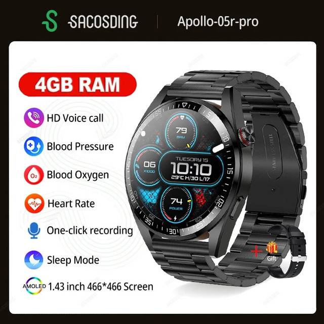 (Black steel) Watches 4G RAM 466*466 Screen SmartWatch Men Always Display The Time Bluetooth