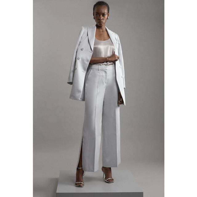 Structured Viscose Satin Tailored Wide Leg Trousers - Silver