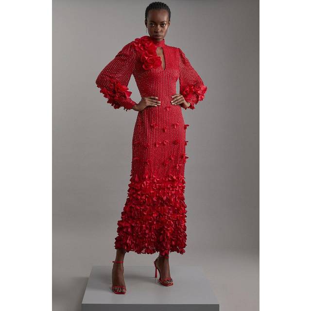 Crystal Applique Woven Maxi Dress - Red