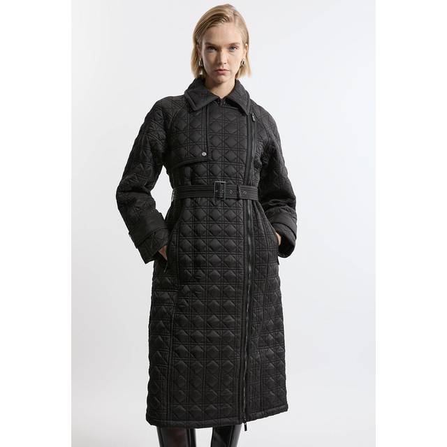 Quilted Belted Longline Trench Coat - Black