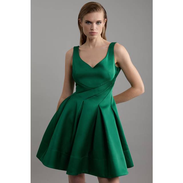 Structured Viscose Satin Tailored Prom Mini Dress - Green