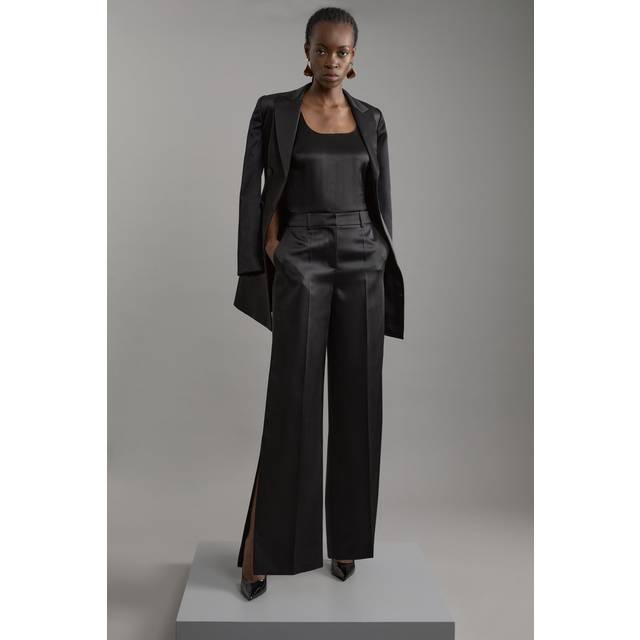 Structured Viscose Satin Tailored Wide Leg Trousers - Black