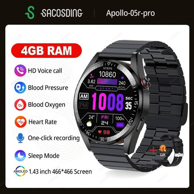 (Black steel B) Watches 4G RAM 466*466 Screen SmartWatch Men Always Display The Time Bluetooth