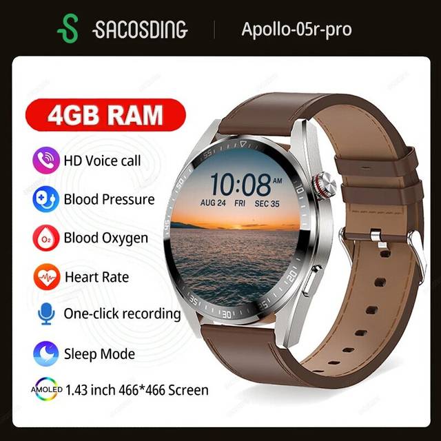 (Silvery leather) Watches 4G RAM 466*466 Screen SmartWatch Men Always Display The Time Bluetooth