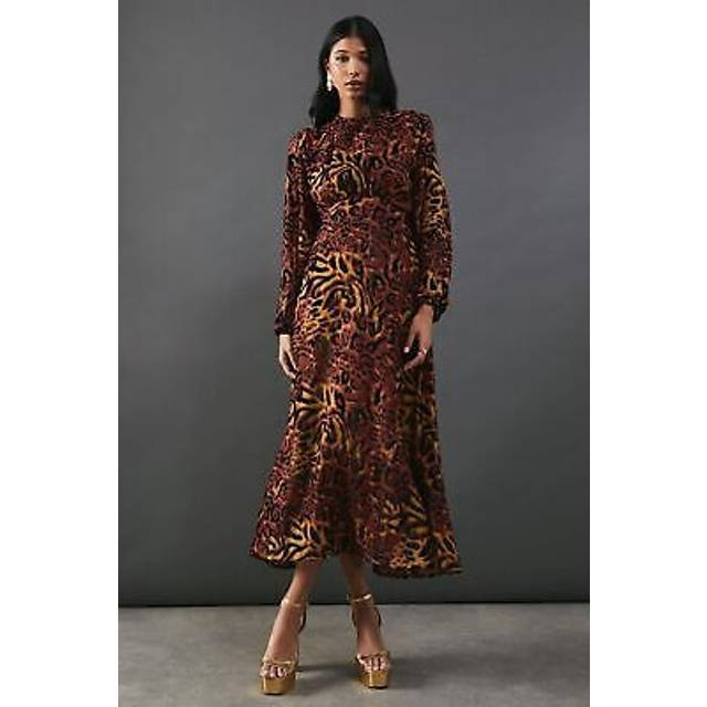 Warehouse Womens Burnout Devore Balloon Sleeve Empire Seam Midi Dress - Animal - Size 6 UK
