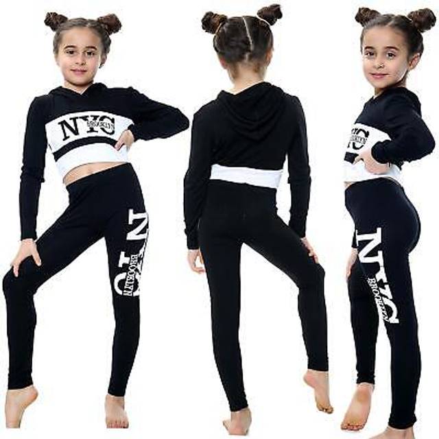 (9-10 Years, Black) Girls Black NYC Brooklyn Printed Top Legging Outfit Set