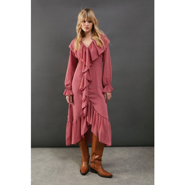Warehouse Womens Dobby Chiffon Ruffle High Low Hem Midi Dress - Rose - Size 8 UK