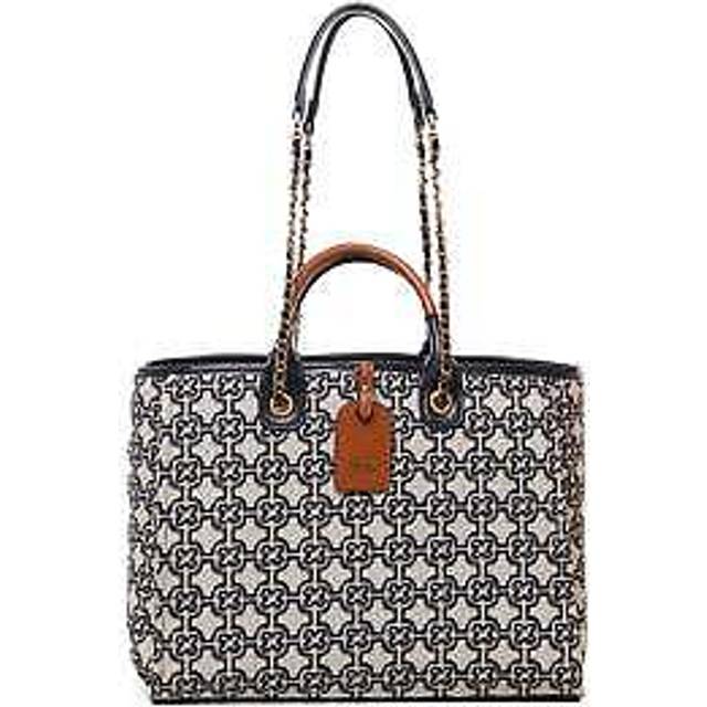 V73, Tote Bags, female, Multicolor, ONE SIZE, Blue Beige Leather Fabric Shoulder Bag