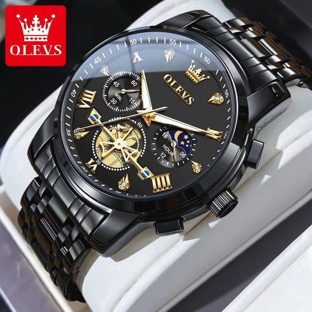 (all black, No) Multifunctional Fltwheel Chronograph Quartz Watch Moon Phase 24 Hour Waterproof - Black