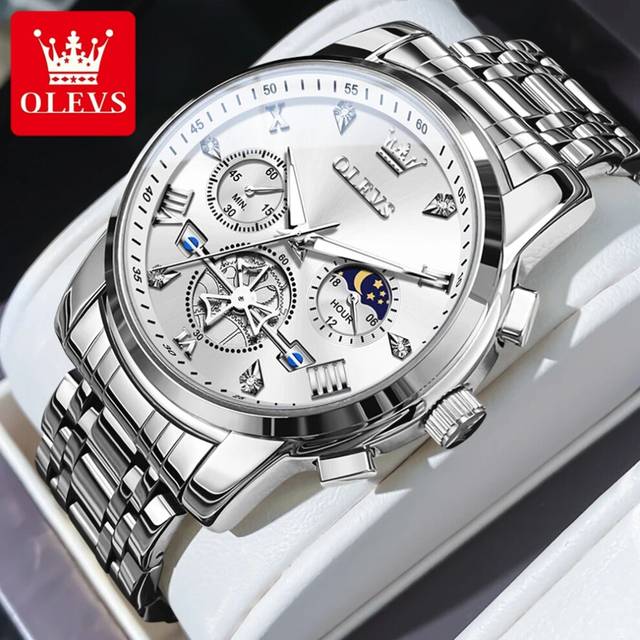 (silver white, No) Multifunctional Fltwheel Chronograph Quartz Watch Moon Phase 24 Hour Waterproof - Silver