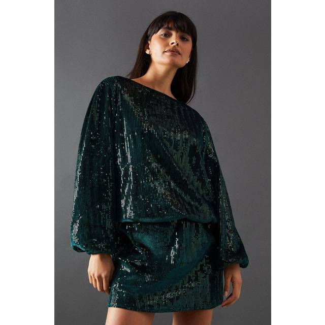 Womens Velvet Sequin Blouson Long Sleeve Mini Dress - Green - 10