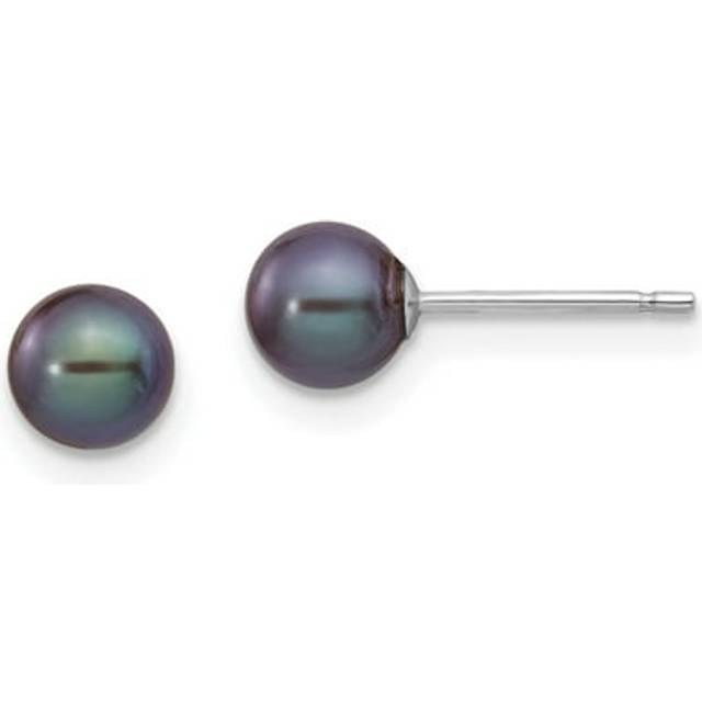 14K White Gold 5-6 mm Black Round FW Cultured Pearl Stud Post Earrings