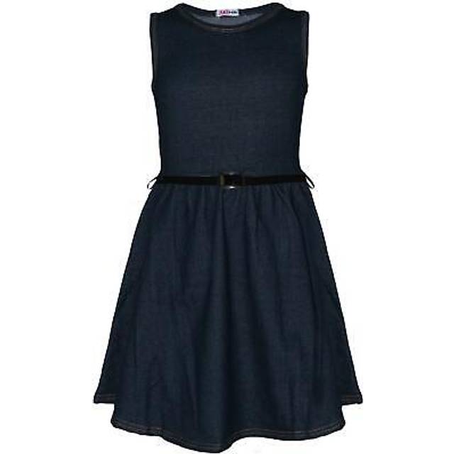 Kids girls skater dress denim blue party fashion dance jeans stretchy dresses