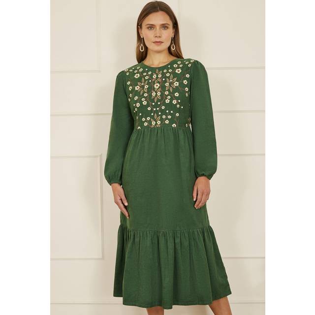 Green Long Sleeve Midi Dress With Floral Embroidery Bodice - 12