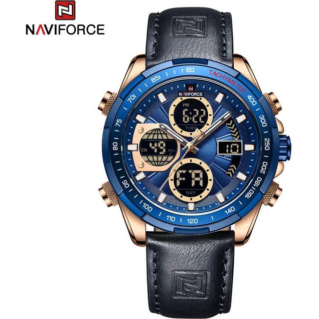 (Rose Gold Blue) Mens Leather Military Sport Waterproof Watch Quartz Chronograph Wristwatch