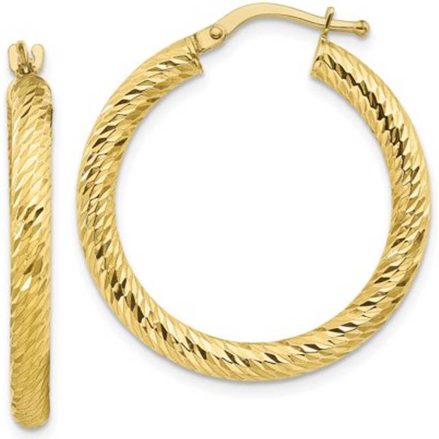 10K 3 x 20mm Yellow Gold Diamond-Cut Round Hoop Earrings