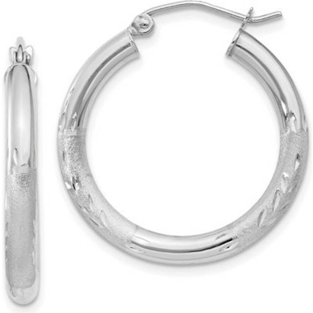 10K White Gold Satin & Diamond-Cut 3 mm Round Hoop Earrings