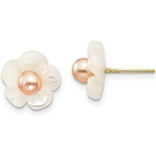 14K Yellow Gold 3-4 mm Pink Freshwater Cultured Pearl with 10 mm MOP Flower Post Earrings