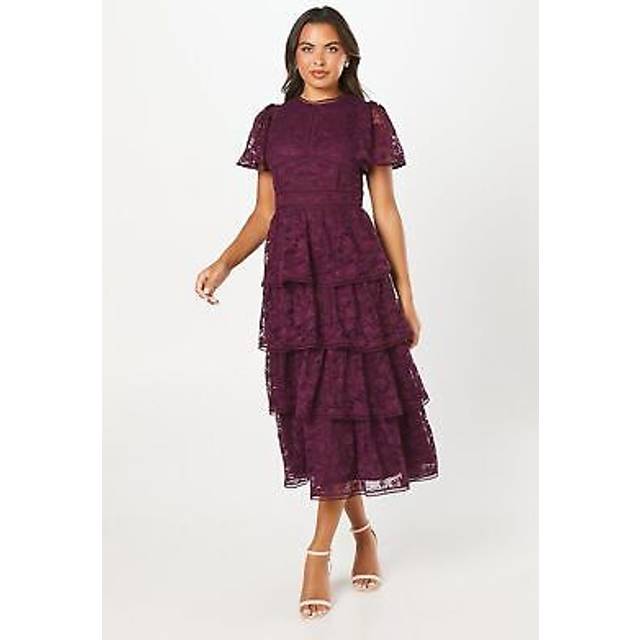 Tiered Lace Dress With Flutter Sleeve & Trims - Plum - Red - 10