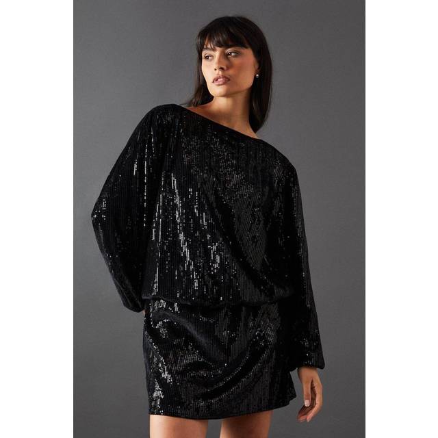 Warehouse Womens Velvet Sequin Blouson Long Sleeve Mini Dress - Black - Size 6 UK