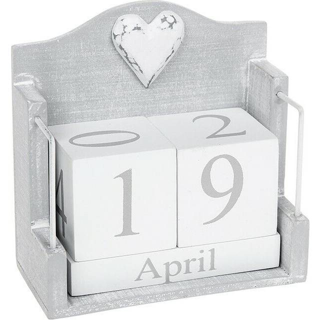 Joe Davies Provence Cool Grey Perpetual Calendar With White Shabby Chic Heart Decoration - 12 x 12 x 6cm