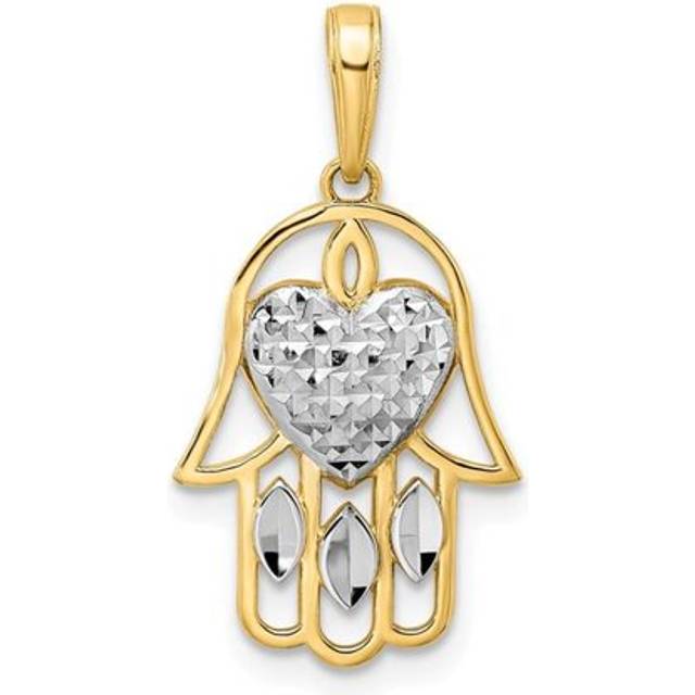 14K Yellow & Rhodium White Diamond-Cut Heart Hamsa Pendant