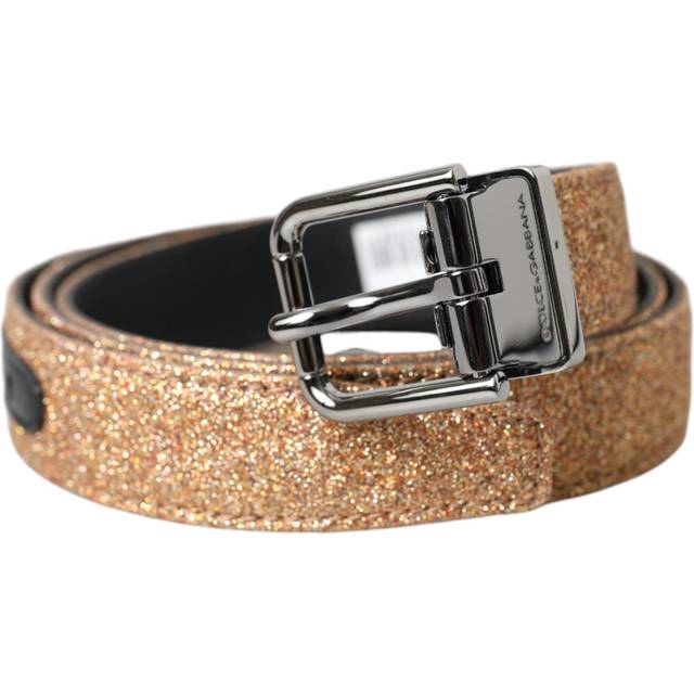 Gold Glitter Leather Silver Metal Buckle Belt - 90 cm / 36 Inches